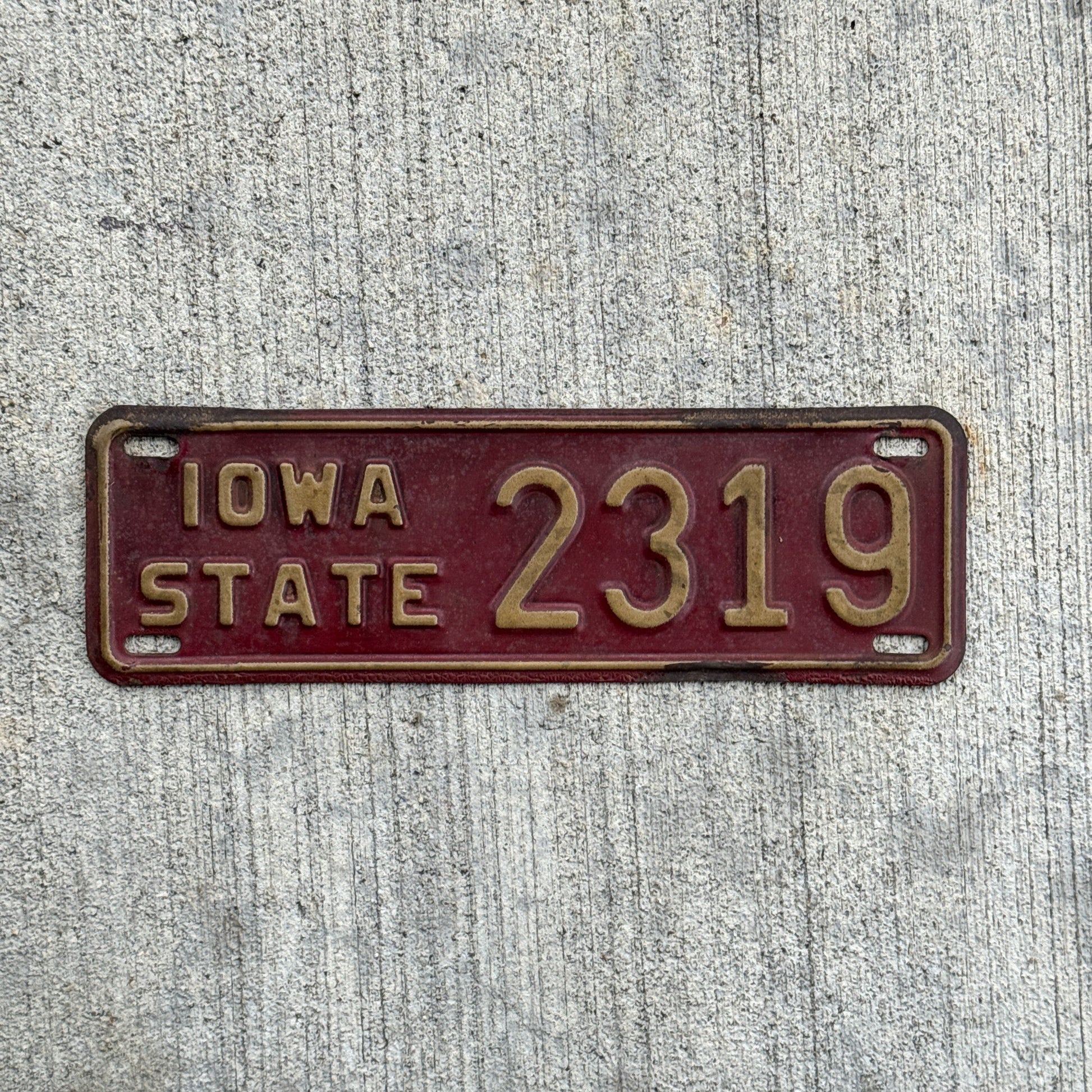 Photo of a 1950 Era Iowa Iowa State University License Plate Auto Tag Garage Decor Vintage College 2319 with original patina