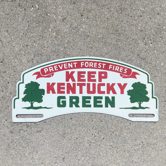 Photo of a 1950 Era Keep Kentucky License Plate Topper Auto Tag Garage Decor Vintage Smaltz Paint Forest Fire Conservation with original patina
