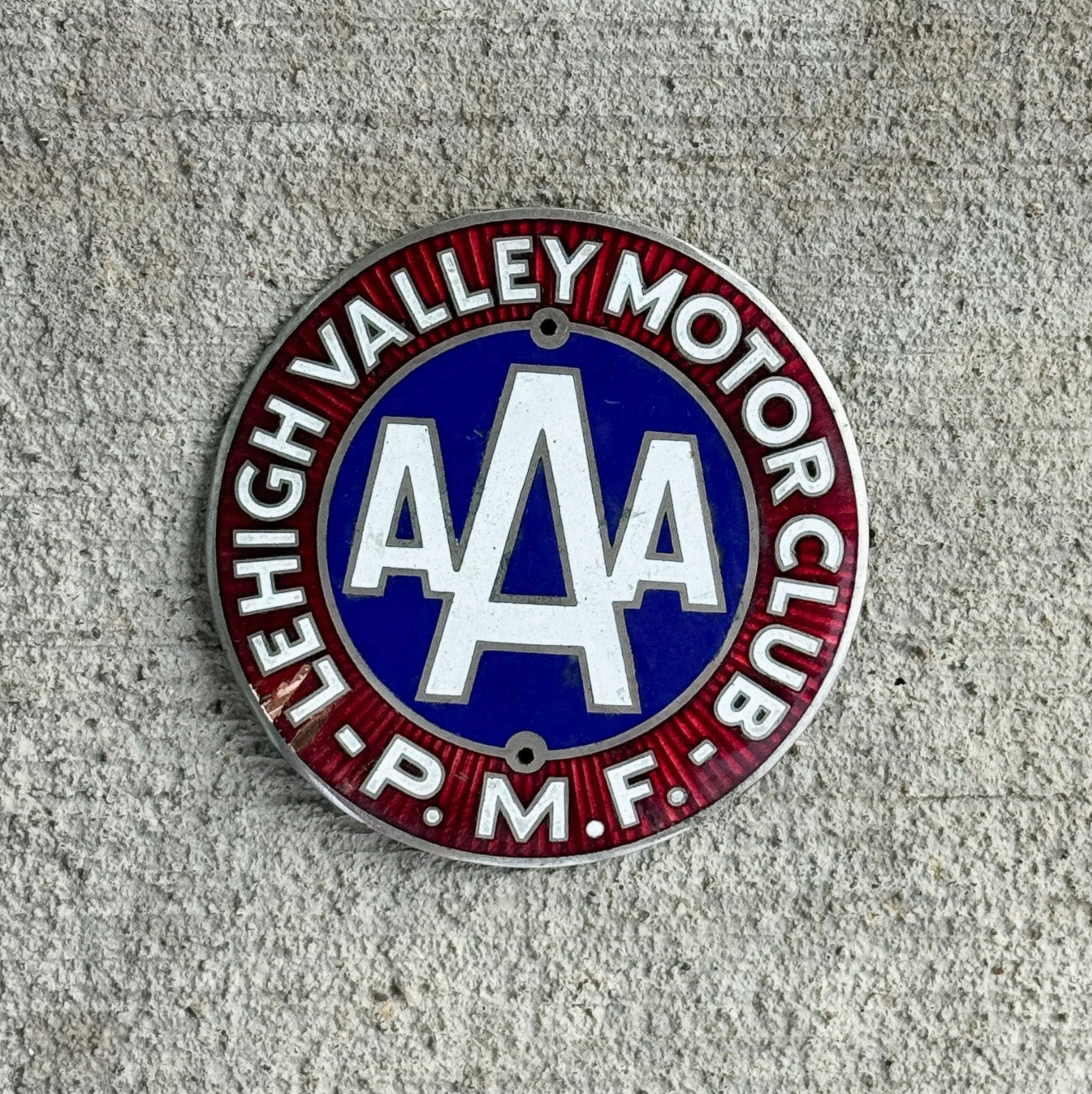 Photo of a 1950 Era Lehigh Valley Pennsylvania Porcelain License Plate Topper Auto Tag Garage Decor Vintage AAA Motor Club with original patina