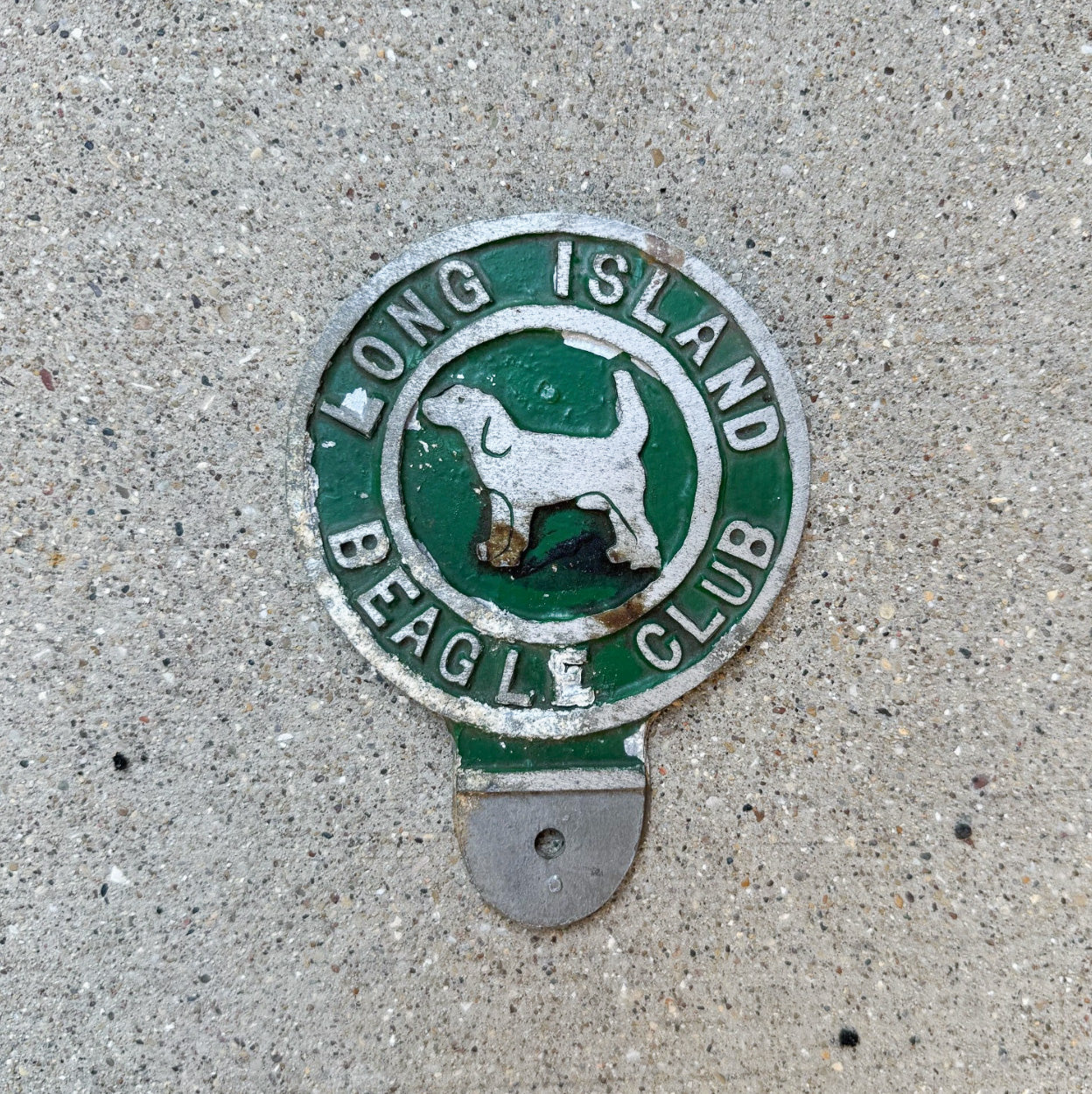 Photo of a 1950 Era Long Island Beagle Club New York License Plate Topper Auto Tag Garage Decor Vintage LI Dog Puppy Decor with original patina