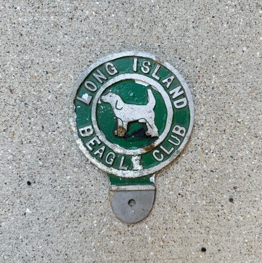 Photo of a 1950 Era Long Island Beagle Club New York License Plate Topper Auto Tag Garage Decor Vintage LI Dog Puppy Decor with original patina