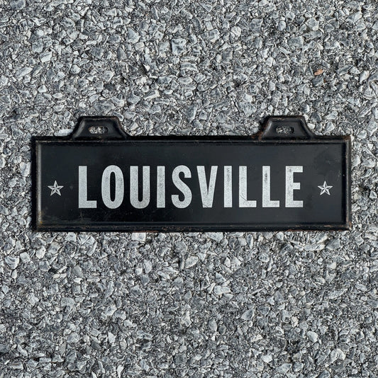 Photo of a 1950 Era Louisville Kentucky License Plate Topper Auto Tag Garage Decor Vintage Black White Auto Garage Decor with original patina