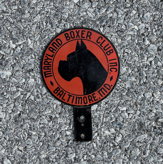Photo of a 1950 Era Maryland Boxer Club Inc Maryland License Plate Topper Auto Baltimore MD Dog Puppy with original patina