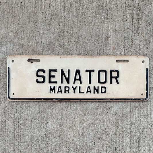 Photo of a 1950 Era Maryland Senator Maryland License Plate Topper Auto Tag Garage Decor Vintage Politics Political Memorabilia with original patina