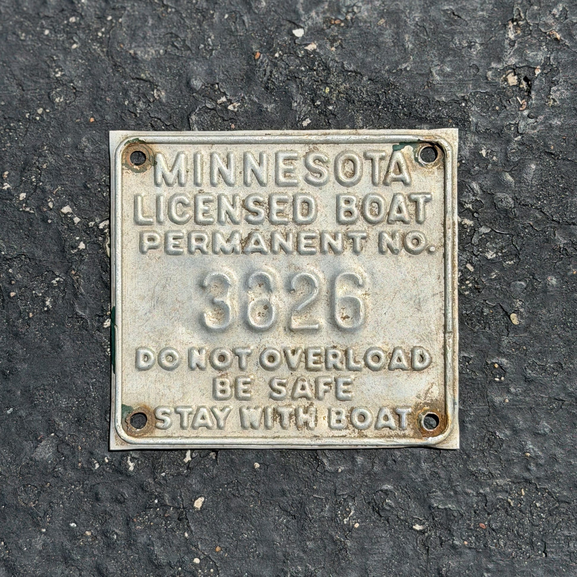 Photo of a 1950 Era Minnesota Boat License Plate Auto Tag Garage Decor Vintage Small Sized 3826 with original patina