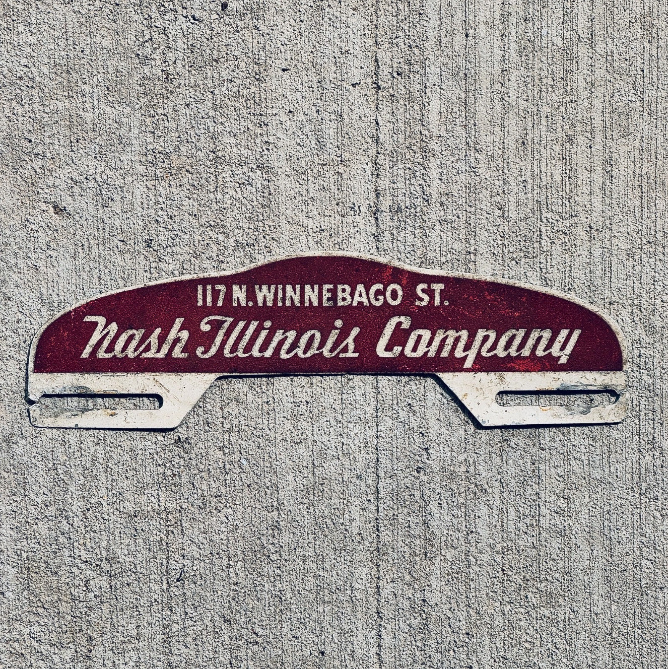 Photo of a 1950 Era Nash Illinois Co Illinois License Plate Topper Auto Tag Garage Decor Vintage Rockford Used Car Dealer Healy with original patina