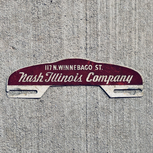 Photo of a 1950 Era Nash Illinois Co Illinois License Plate Topper Auto Tag Garage Decor Vintage Rockford Used Car Dealer Healy with original patina