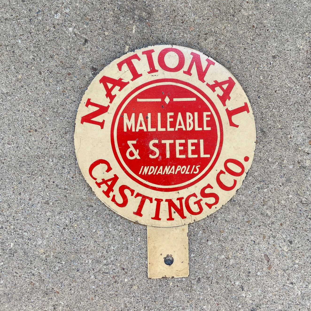 Photo of a 1950 Era National Castings Steel Indiana License Plate Topper Auto Tag Garage Decor Vintage Smitties Indianapolis with original patina