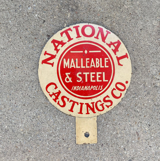 Photo of a 1950 Era National Castings Steel Indiana License Plate Topper Auto Tag Garage Decor Vintage Smitties Indianapolis with original patina