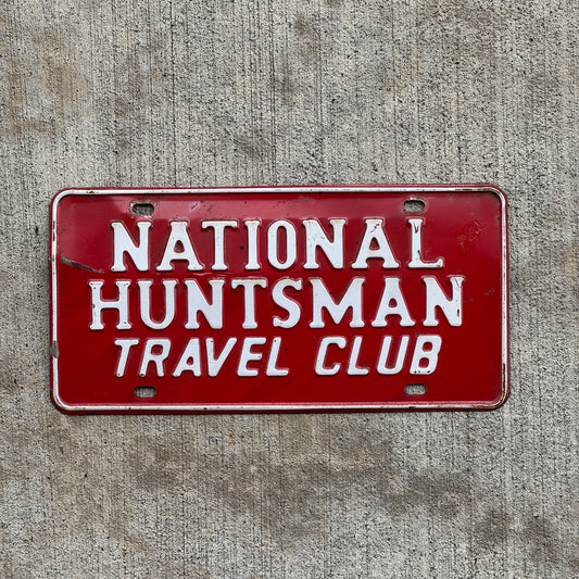 Photo of a 1950 Era National Huntsman Club Booster License Plate Auto Tag Garage Decor Vintage with original patina