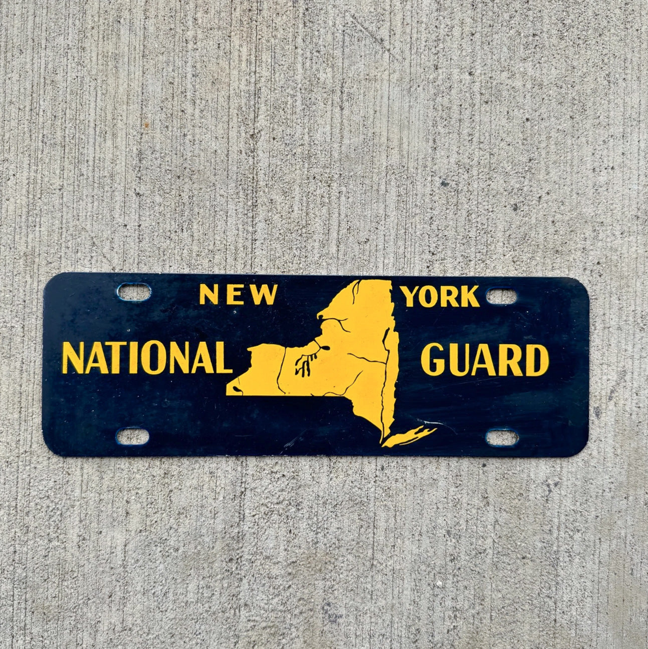 Photo of a 1950 Era New York National Guard New York License Plate Topper Auto Tag Garage Decor Vintage Garage Auto Decor NY with original patina