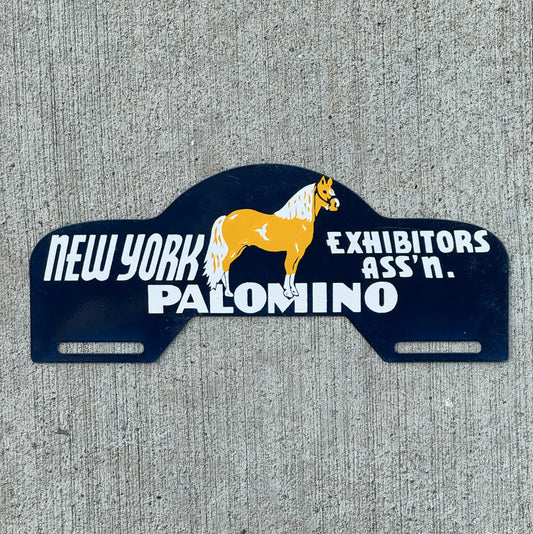 Photo of a 1950 Era New York New York License Plate Topper Auto Tag Garage Decor Vintage Palomino Horse Exhibitors Association Tag with original patina