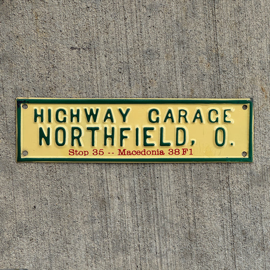 Photo of a 1950 Era Northfield Ohio License Plate Topper Auto Tag Garage Decor Vintage Highway Garage Macedonia with original patina