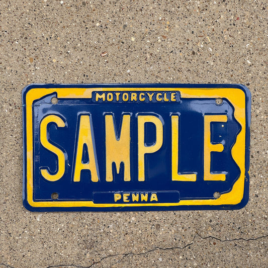 Photo of a 1950 Era Pennsylvania Sample Motorcycle License Plate Auto Tag Garage Decor Vintage SAMPLE
