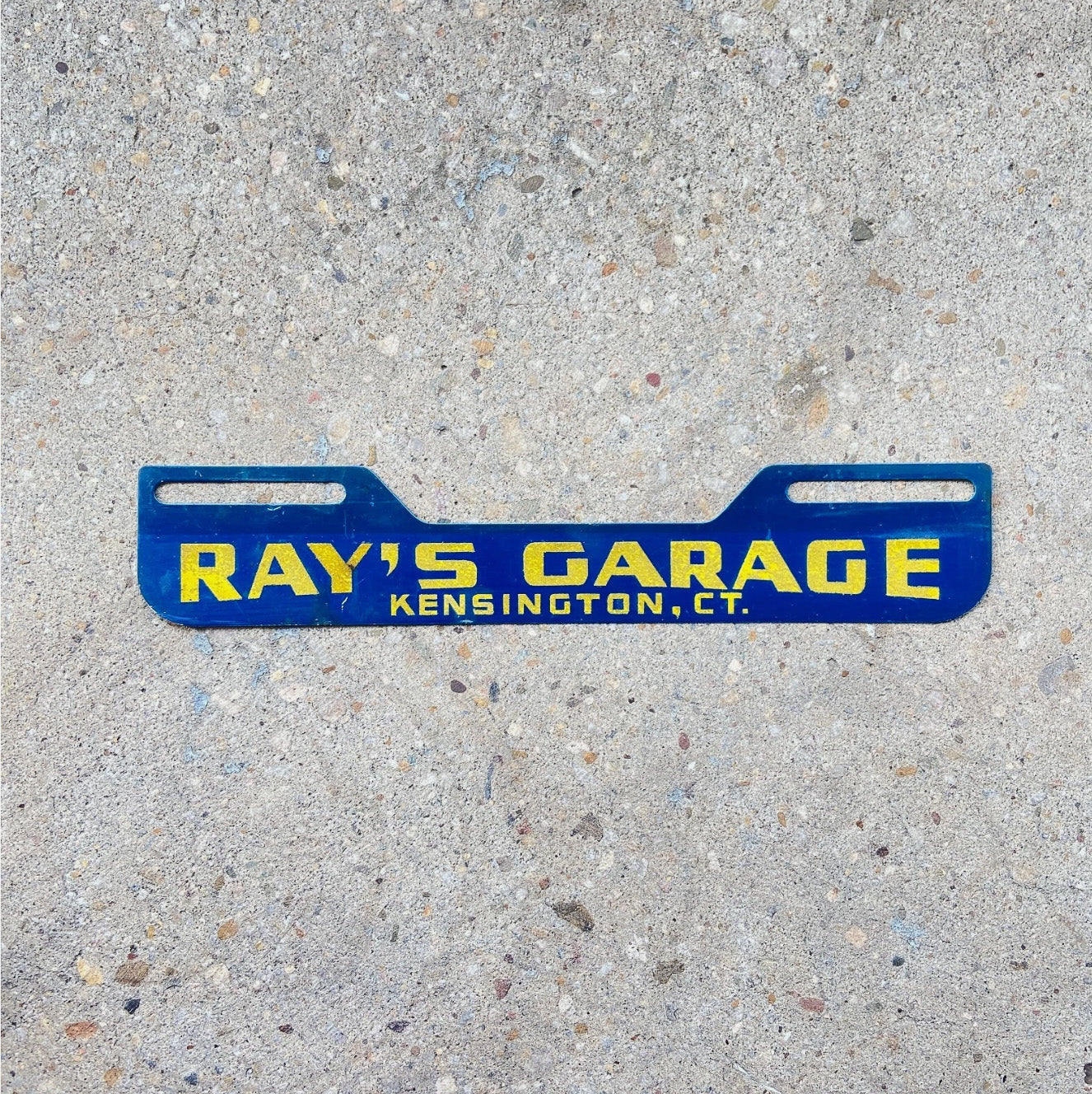 Photo of a 1950 Era Ray's Garage Kensington Connecticut License Plate Topper Auto Tag Garage Decor Vintage Reflective Smaltz Paint with original patina