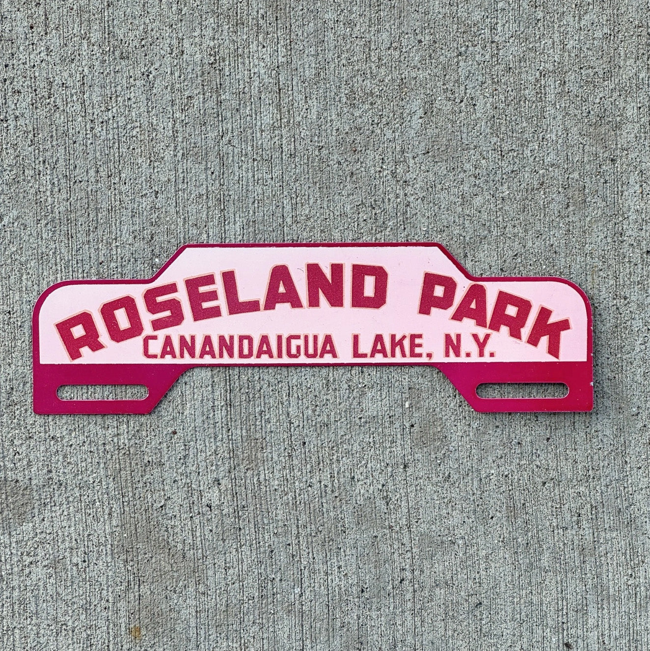 Photo of a 1950 Era Roseland Park New York License Plate Topper Auto Tag Garage Decor Vintage Canandaigua Lake Finger with original patina