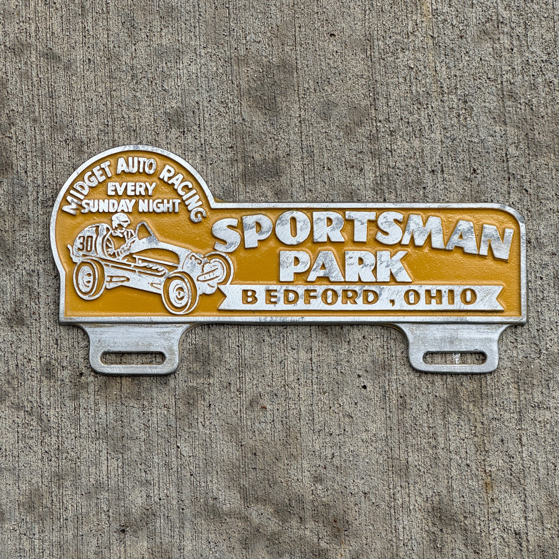 Photo of a 1950 Era Sportsman Park Bedford Ohio License Plate Topper Auto Tag Garage Decor Vintage Midget Auto Racing Built by Al Capone with original patina