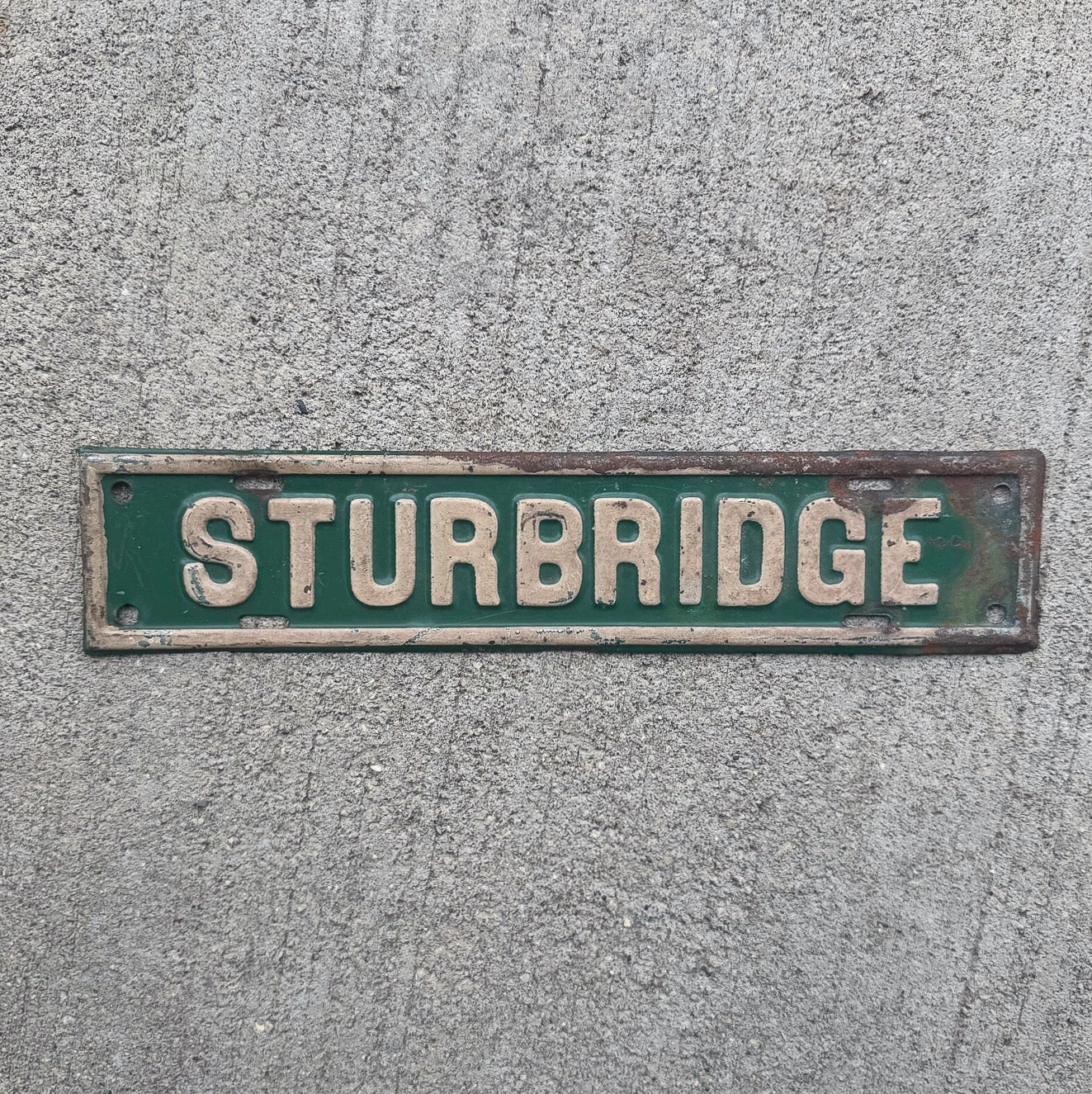 Photo of a 1950 Era Sturbridge Massachusetts License Plate Topper Auto Tag Garage Decor Vintage Auto Garage Decor Car with original patina