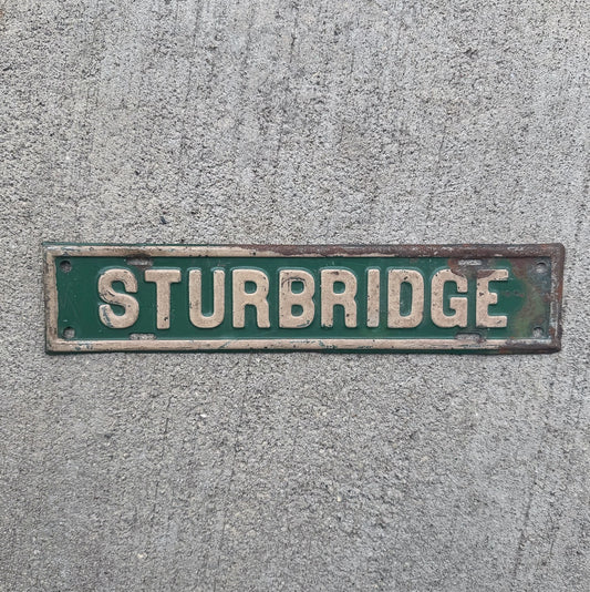 Photo of a 1950 Era Sturbridge Massachusetts License Plate Topper Auto Tag Garage Decor Vintage Auto Garage Decor Car with original patina