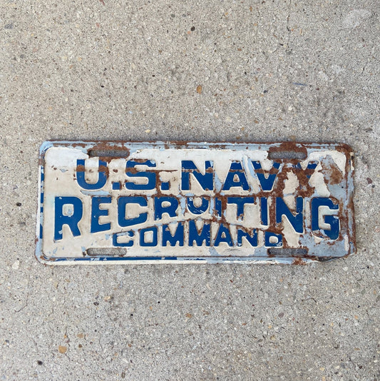 Photo of a 1950 Era US Navy Recruiting Command License Plate Topper Auto Tag Garage Decor Vintage Embossed Military with original patina