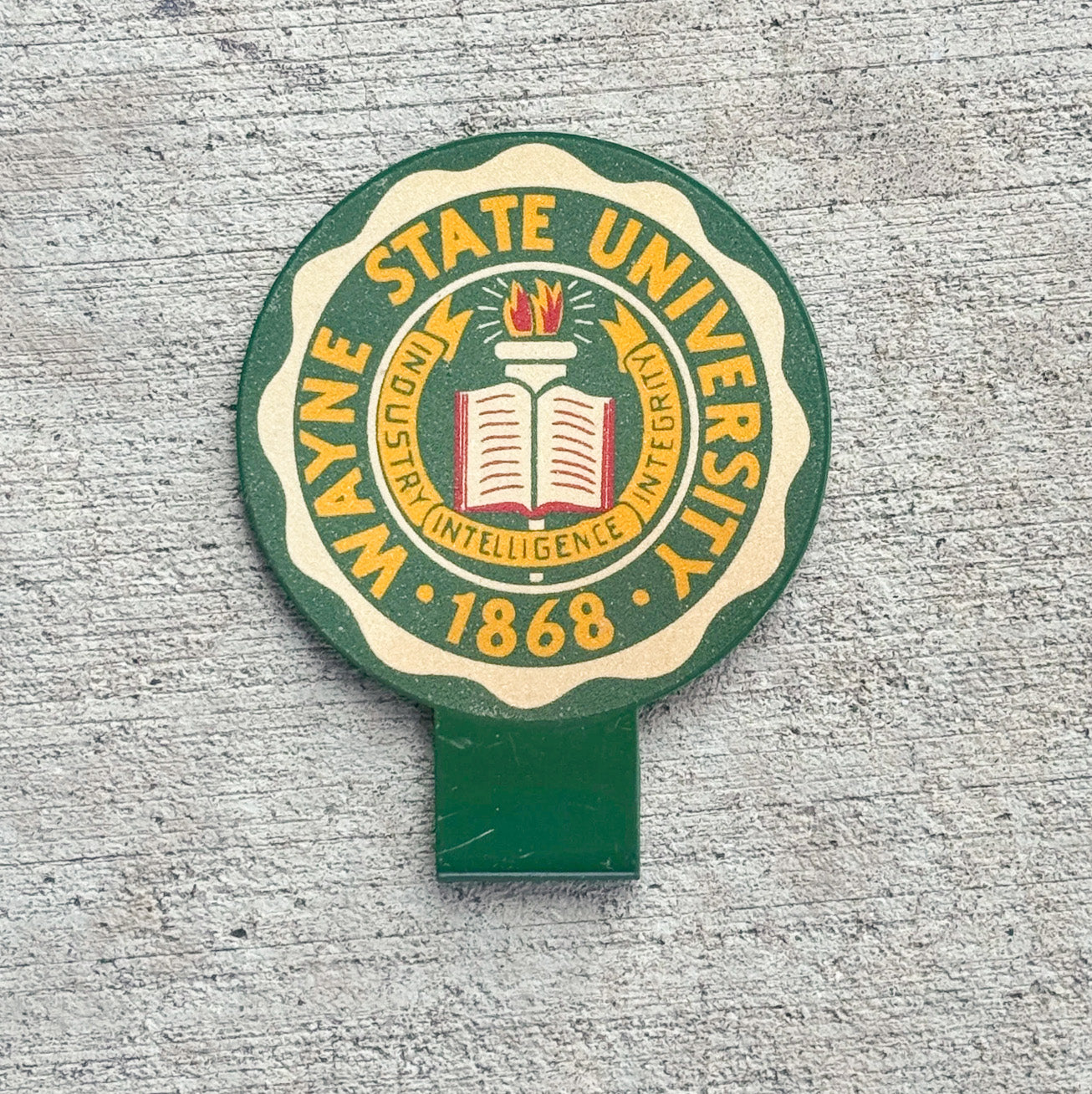 Photo of a 1950 Era Wayne State University Michigan License Plate Topper Auto Tag Garage Decor Vintage Detroit Michigan Smaltz Paint with original patina