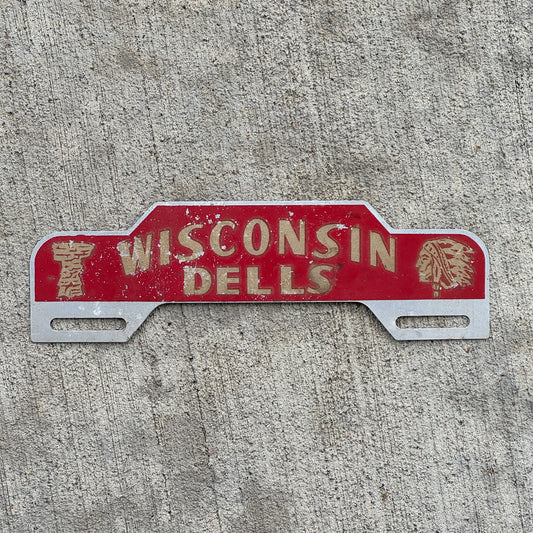 Photo of a 1950 Era Wisconsin Dells Wisconsin License Plate Topper Auto Tag Garage Decor Vintage Smaltz Reflective Paint with original patina
