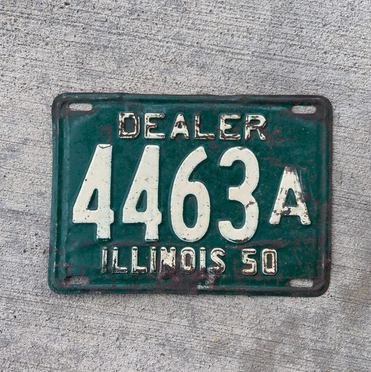 Photo of a 1950 Illinois Dealer License Plate Auto Tag Garage Decor Vintage Low Number Four Digit 4463 A with original patina