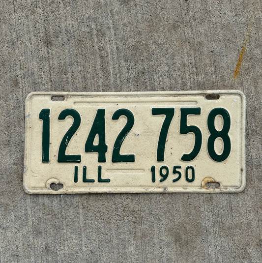 Photo of a 1950 Illinois License Plate Auto Tag Garage Decor Vintage White Green 1242 758