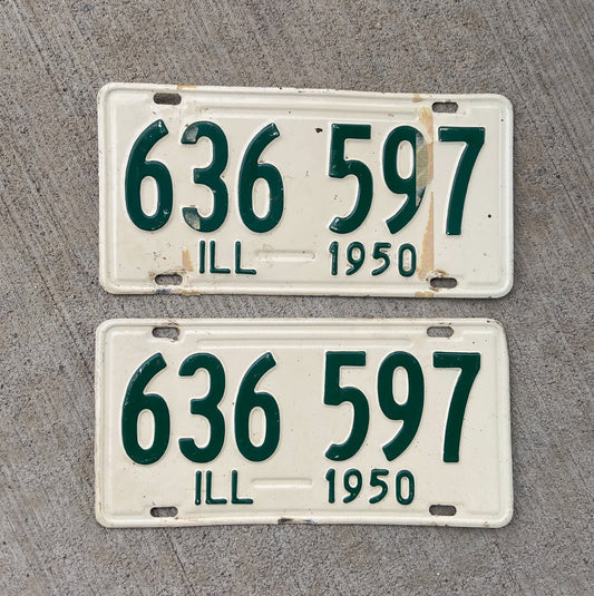 Photo of a 1950 Illinois License Plate Pair Auto Tag Garage Decor Vintage 636597 with original patina