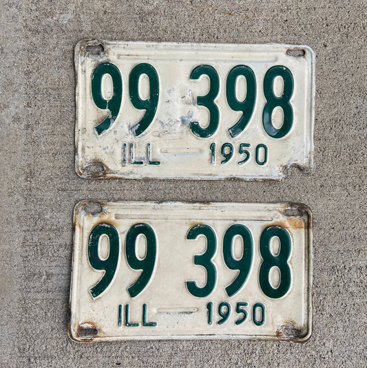 Photo of a 1950 Illinois License Plate Pair Auto Tag Garage Decor Vintage 99398 with original patina