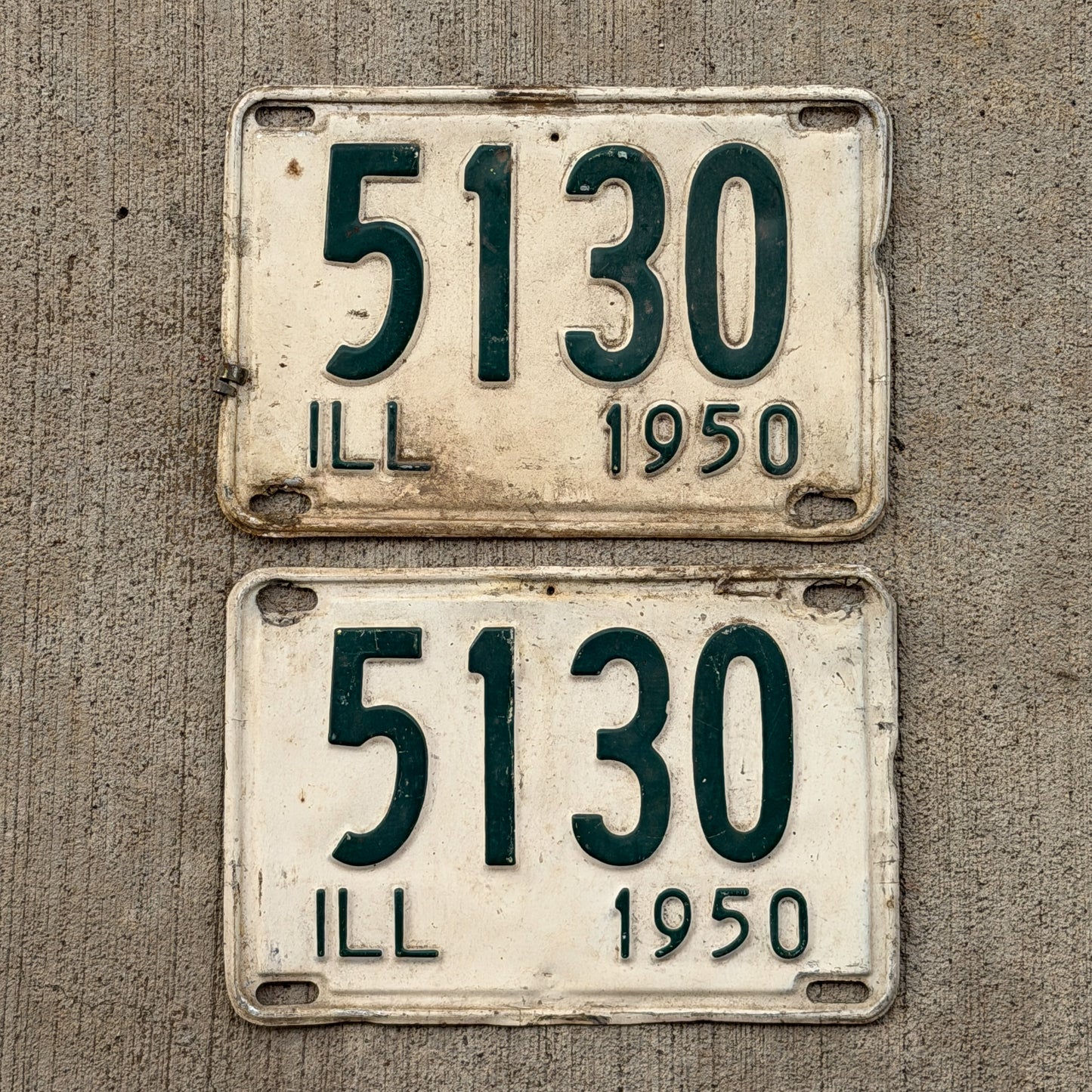 Photo of a 1950 Illinois License Plate Pair Auto Tag Garage Decor Vintage Low Number Four Digit 5130 with original patina