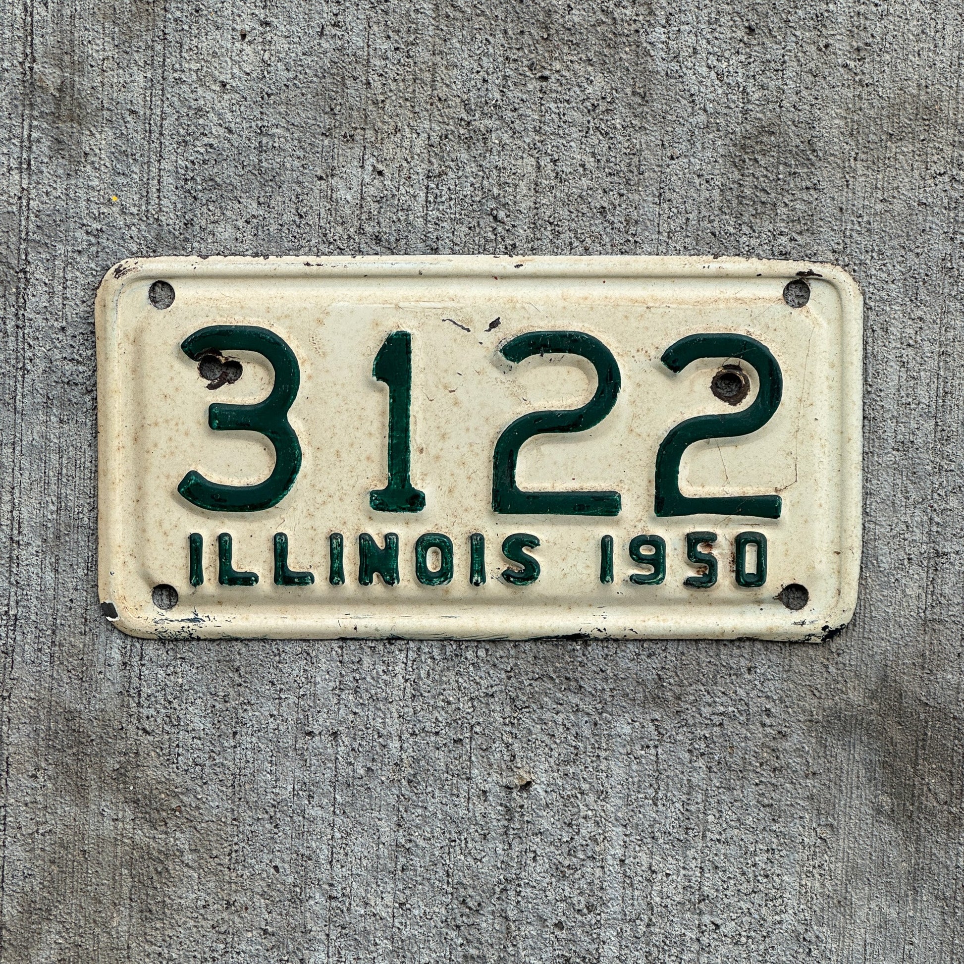 Photo of a 1950 Illinois Motorcycle License Plate Auto Tag Garage Decor Vintage Low Number Four Digit 3122 with original patina