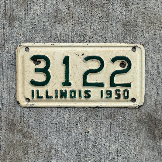 Photo of a 1950 Illinois Motorcycle License Plate Auto Tag Garage Decor Vintage Low Number Four Digit 3122 with original patina