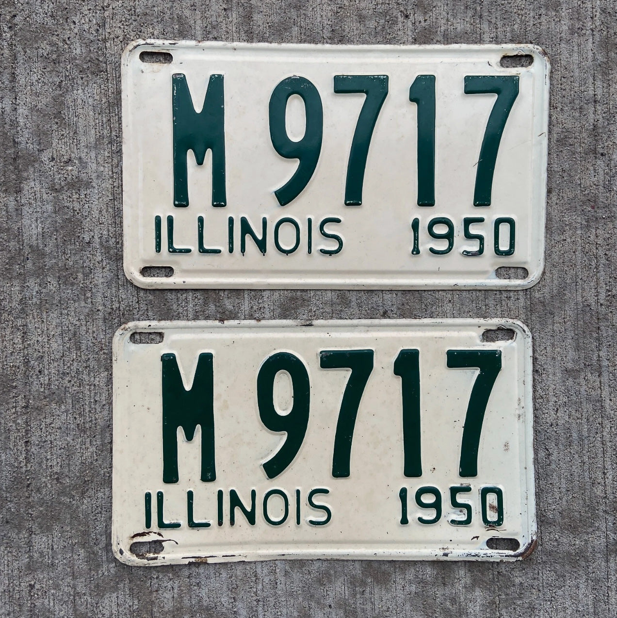 Photo of a 1950 Illinois Municipal License Plate Pair Auto Tag Garage Decor Vintage M 9717 with original patina