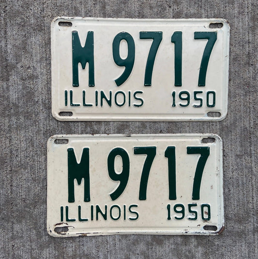 Photo of a 1950 Illinois Municipal License Plate Pair Auto Tag Garage Decor Vintage M 9717 with original patina