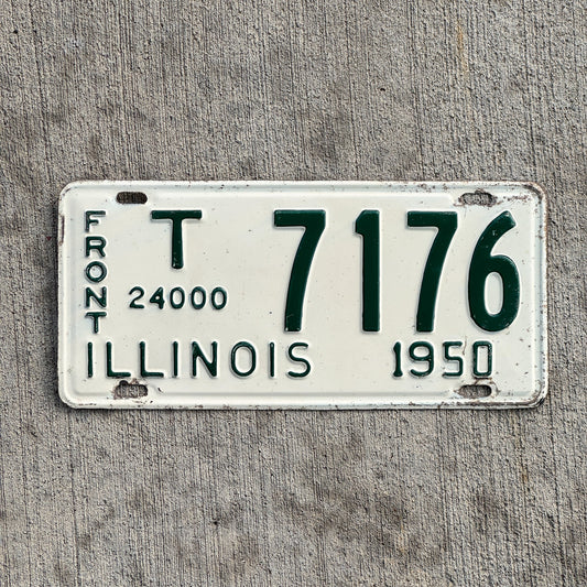 Photo of a 1950 Illinois Truck Mileage Tax Front License Plate Auto Tag 1 Vintage Garage 24000 LBS T 7176 with original patina