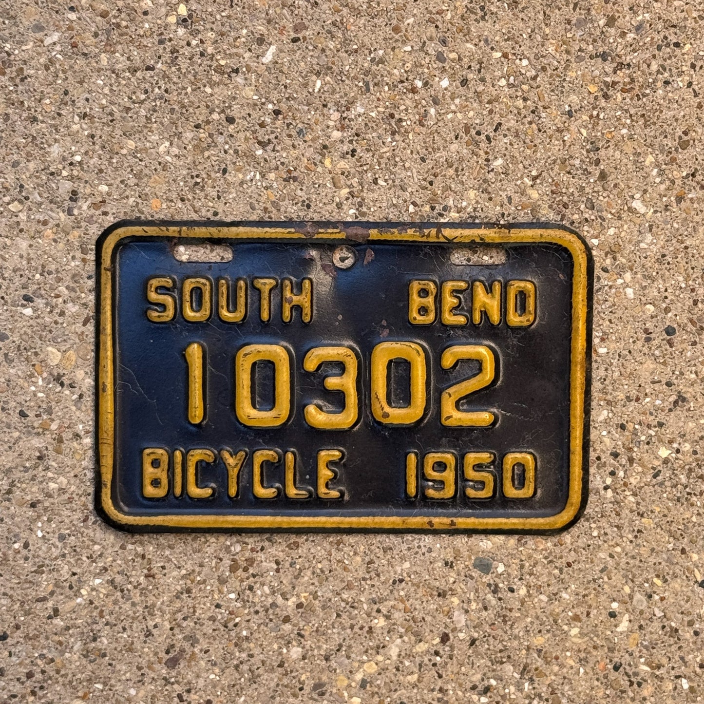 Photo of a 1950 Indiana Bicycle License Plate Auto Tag Garage Decor Vintage South Bend Bike 10302 with original patina