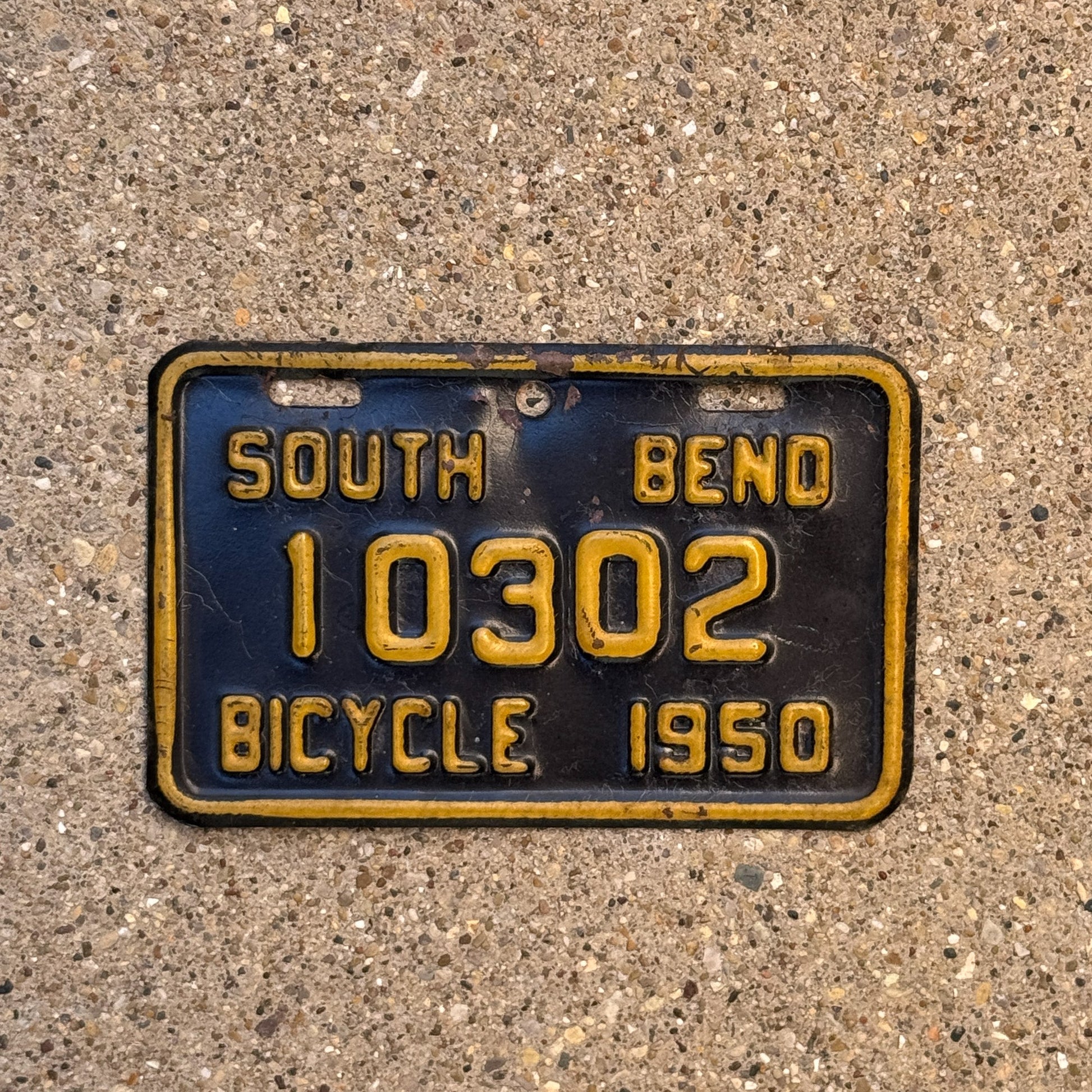 Photo of a 1950 Indiana Bicycle License Plate Auto Tag Garage Decor Vintage South Bend Bike 10302 with original patina
