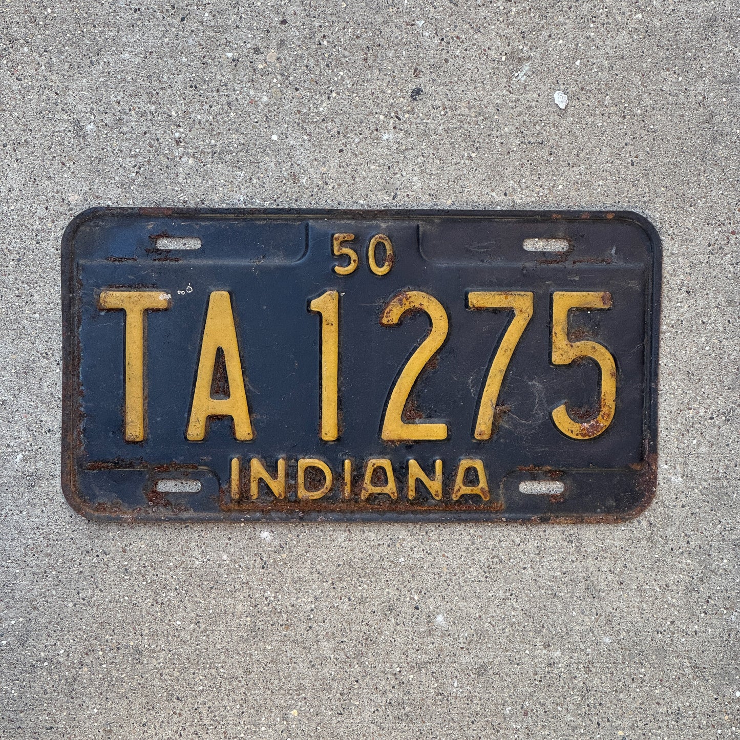 Photo of a 1950 Indiana License Plate Auto Tag Garage Decor Vintage TA 1275 with original patina