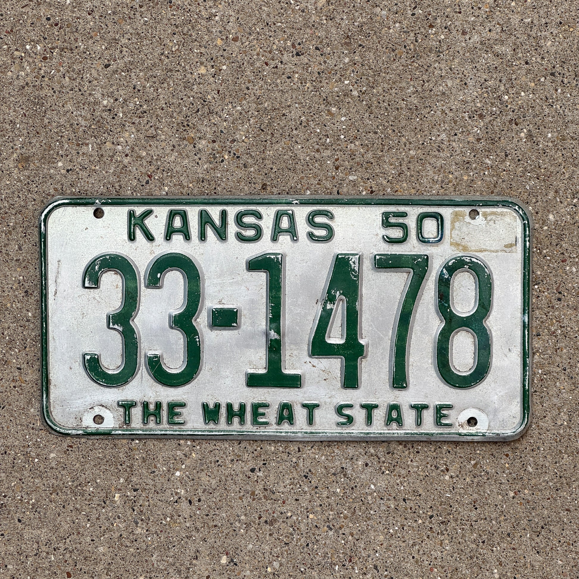 Photo of a 1950 Kansas License Plate Auto Tag Garage Decor Vintage 33 1478 with original patina
