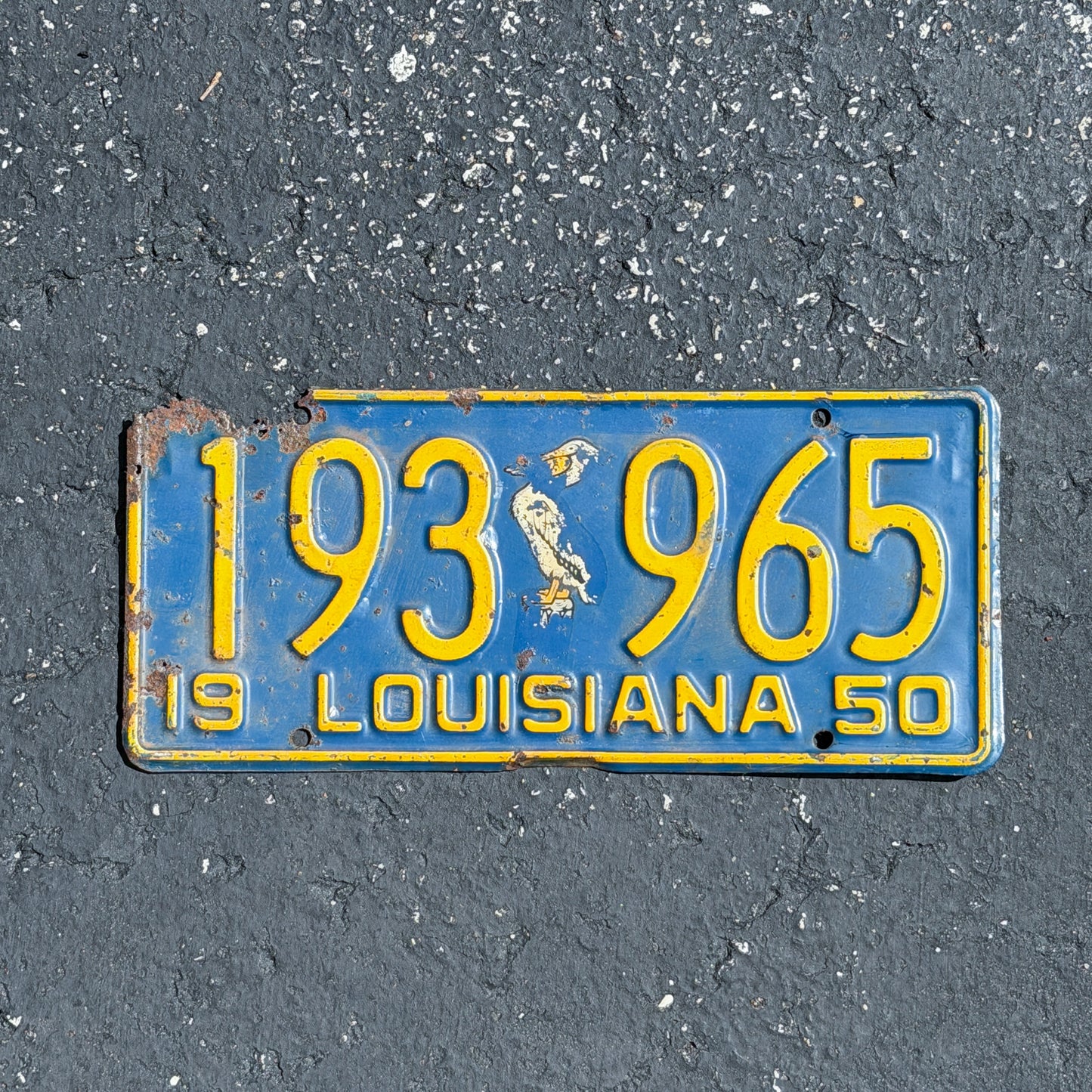 Photo of a 1950 Louisiana License Plate Auto Tag Garage Decor Vintage Iconic Pelican 193 965 with original patina