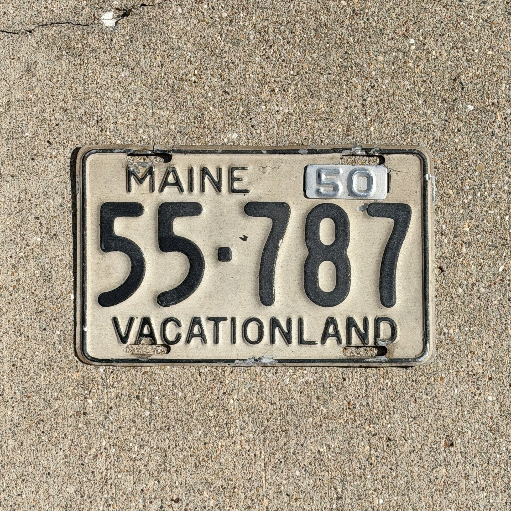 Photo of a 1950 Maine License Plate Auto Tag Garage Decor Vintage 55 787 with original patina