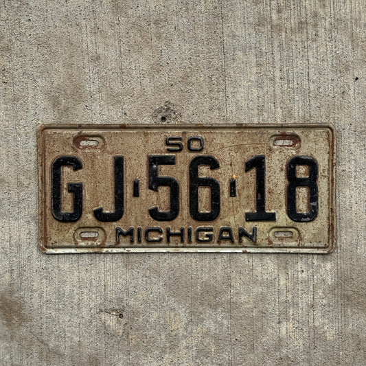 Photo of a 1950 Michigan License Plate Auto Tag Garage Decor Vintage GJ 56 18 with original patina