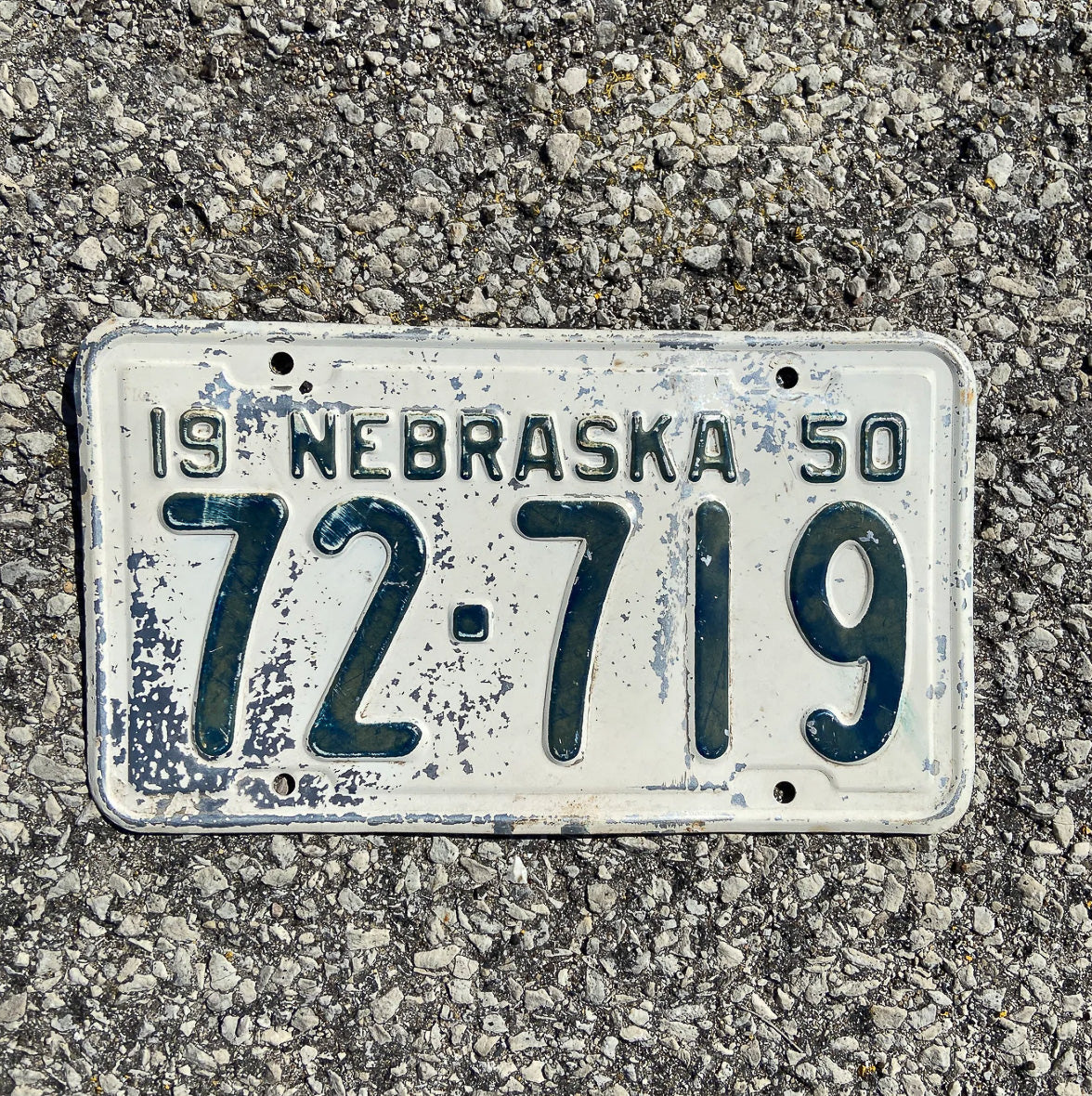 Photo of a 1950 Nebraska License Plate Auto Tag Garage Decor Vintage 72 719 with original patina