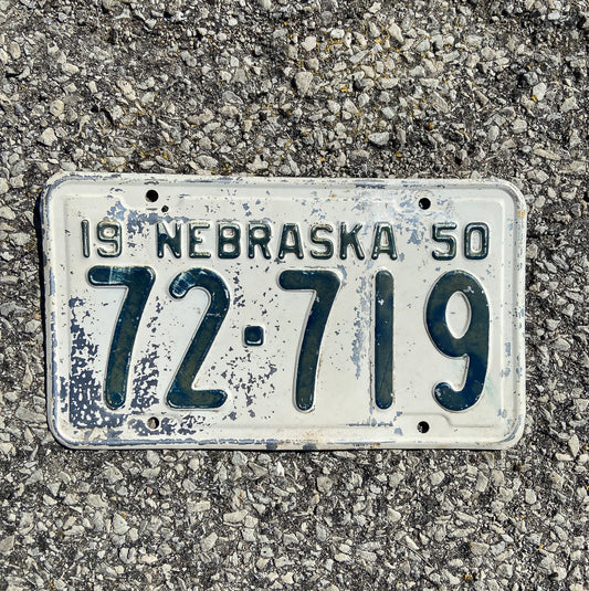 Photo of a 1950 Nebraska License Plate Auto Tag Garage Decor Vintage 72 719 with original patina