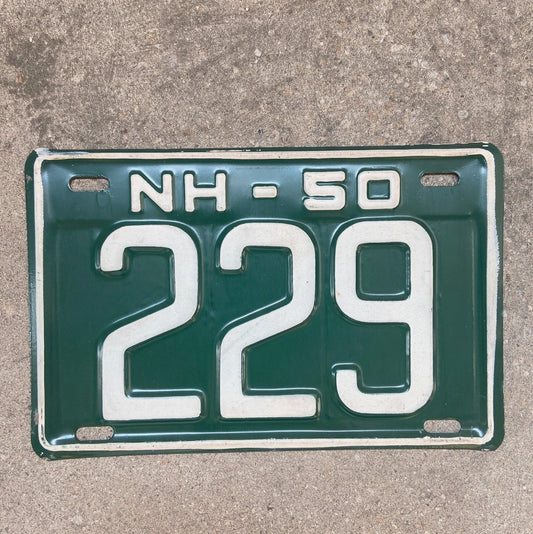 Photo of a 1950 New Hampshire License Plate Auto Tag Garage Decor Vintage Low Number Three Digit 229 with original patina