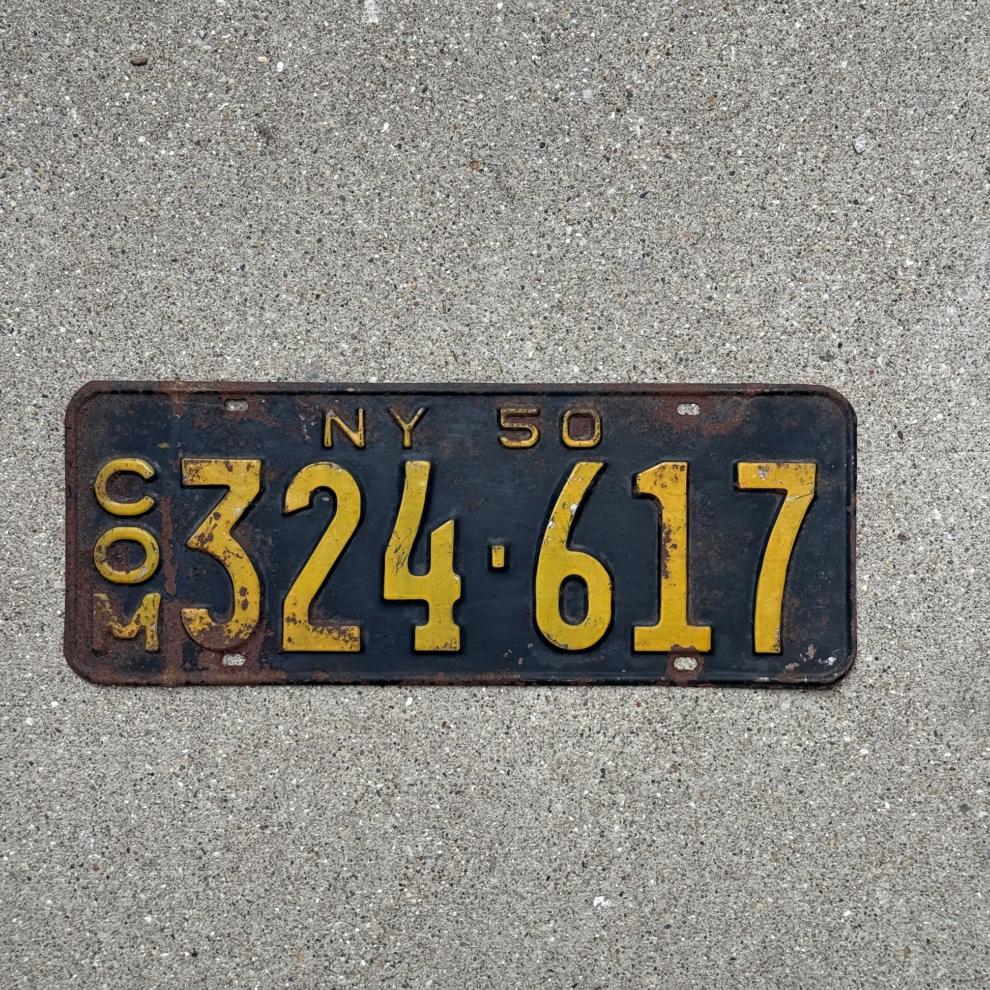 Photo of a 1950 New York COMMERCIAL License Plate Auto Tag Garage Decor Vintage Truck 324 617
