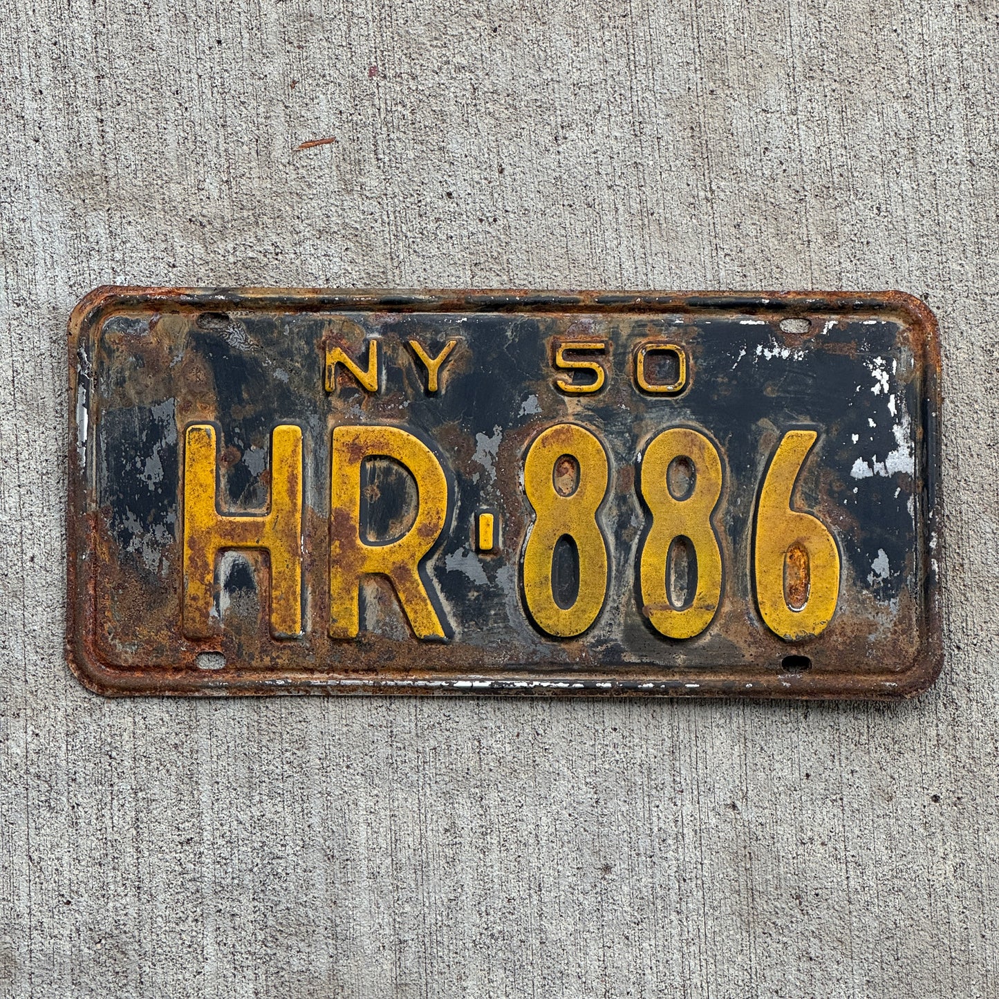 Photo of a 1950 New York License Plate Auto Tag Garage Decor Vintage HR 886 with original patina