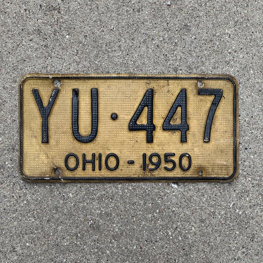 Photo of a 1950 Ohio License Plate Auto Tag Garage Decor Vintage Waffle Style YU 447 with original patina