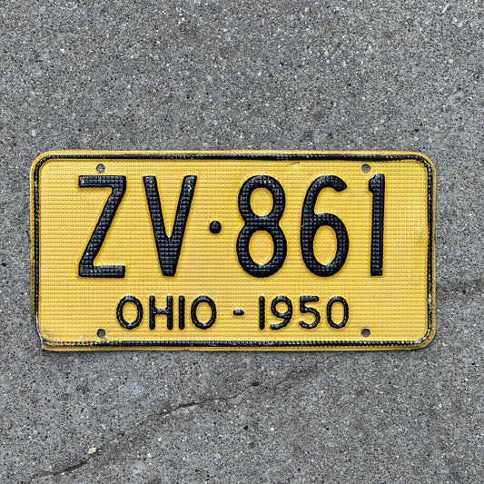 Photo of a 1950 Ohio License Plate Auto Tag Garage Decor Vintage Waffle Style ZV 861 with original patina